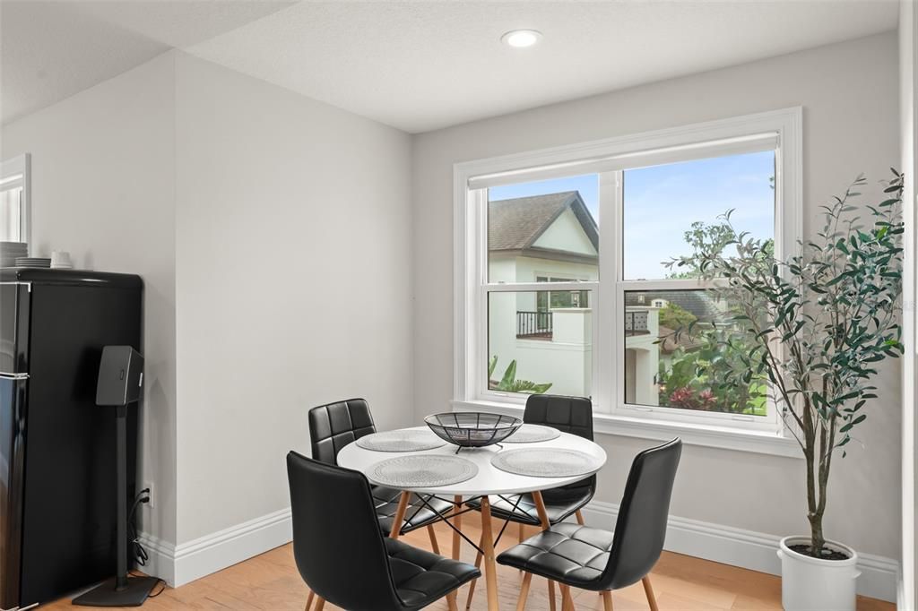 Dining room, Interior, Recessed Lighting, Wood Texture Flooring