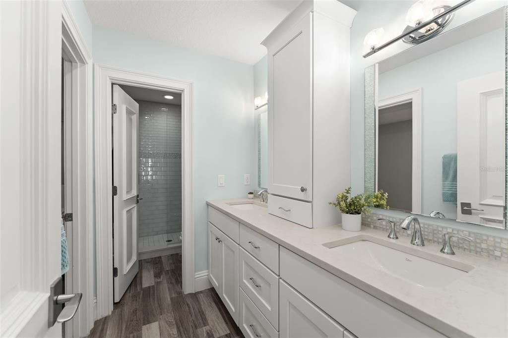 Bathroom, Dual Sink Vanities, Interior, Wood Texture Flooring