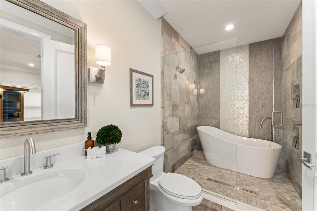 Bathroom, Free Standing Baths, Glass Shower, Interior, Recessed Lighting