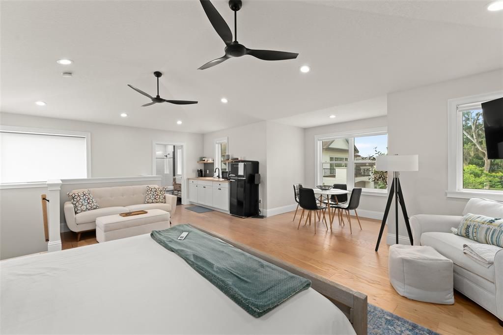 Bedroom, Dining room, Interior, Kitchen, Living room, Recessed Lighting, Wood Texture Flooring