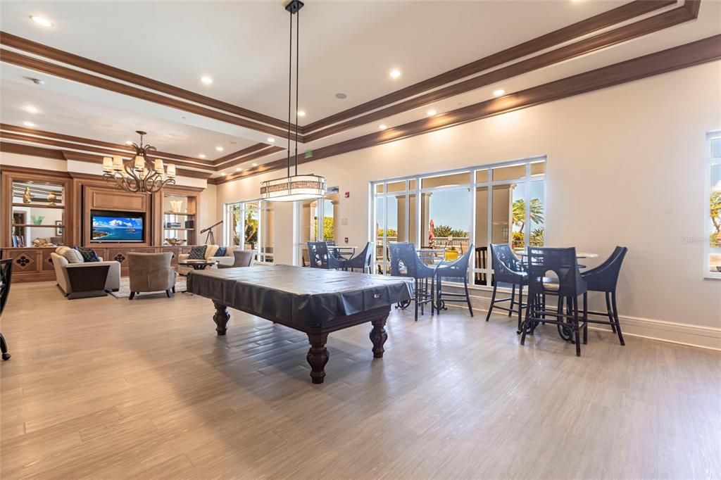 Billiard Table, Chandelier, Dining room, Game Room, Interior, Living room, Pendant Lights, Recessed Lighting, Wood Texture Flooring
