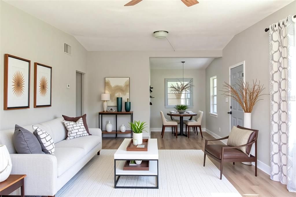 Dining room, Interior, Living room, Pendant Lights, Wood Texture Flooring