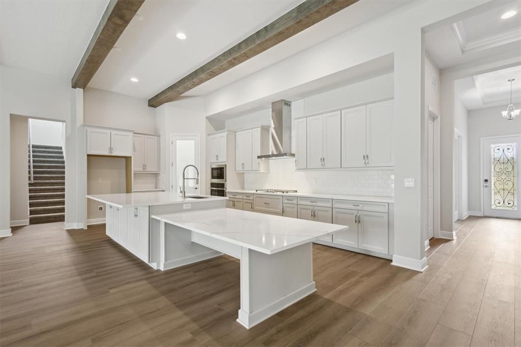 Interior, Kitchen, Pendant Lights, Recessed Lighting, Wooden Beams, Wood Texture Flooring