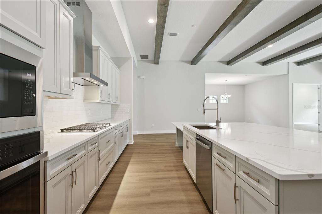Interior, Kitchen, Recessed Lighting, Stainless Steel Appliances, Wooden Beams, Wood Texture Flooring