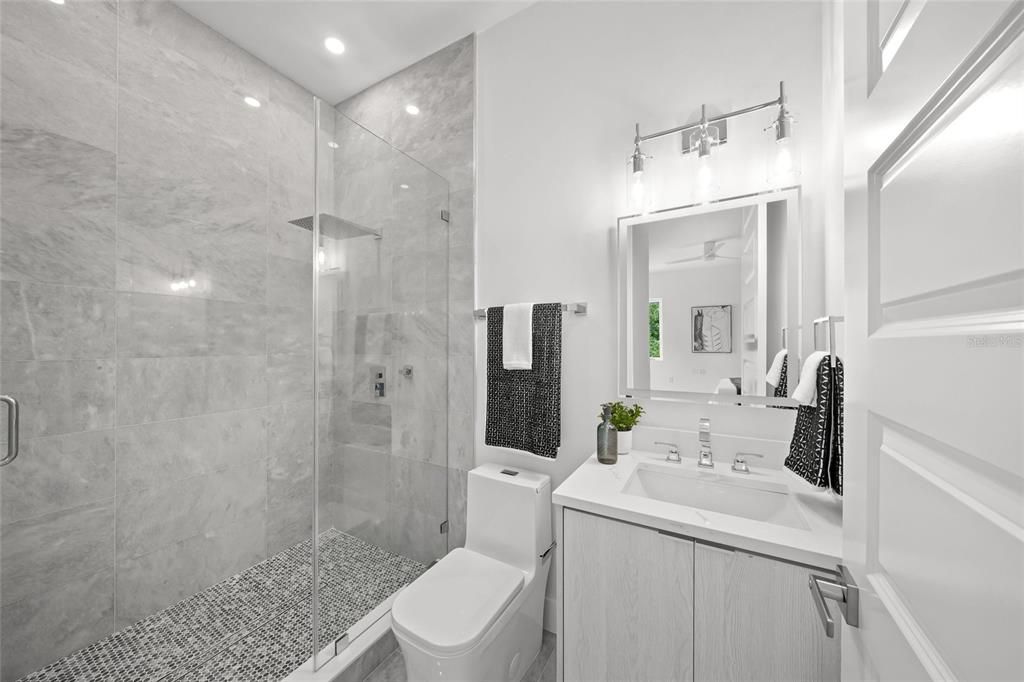 Bathroom, Glass Shower, Interior, Recessed Lighting