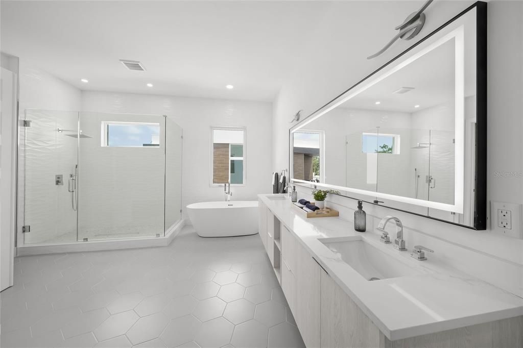 Bathroom, Dual Sink Vanities, Free Standing Baths, Glass Shower, Interior, Recessed Lighting