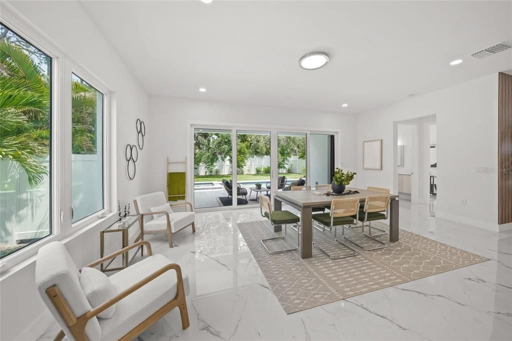 Dining room, Interior, Living room, Marble, Recessed Lighting
