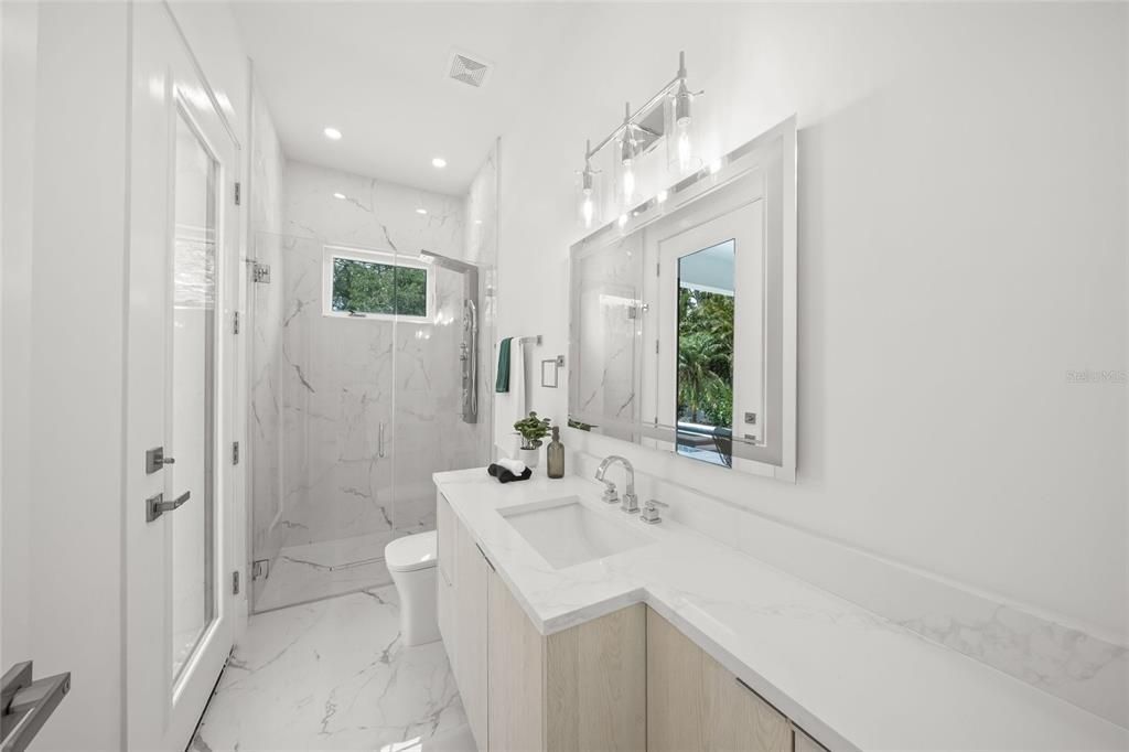Bathroom, Glass Shower, Interior, Marble, Marble Walls, Recessed Lighting