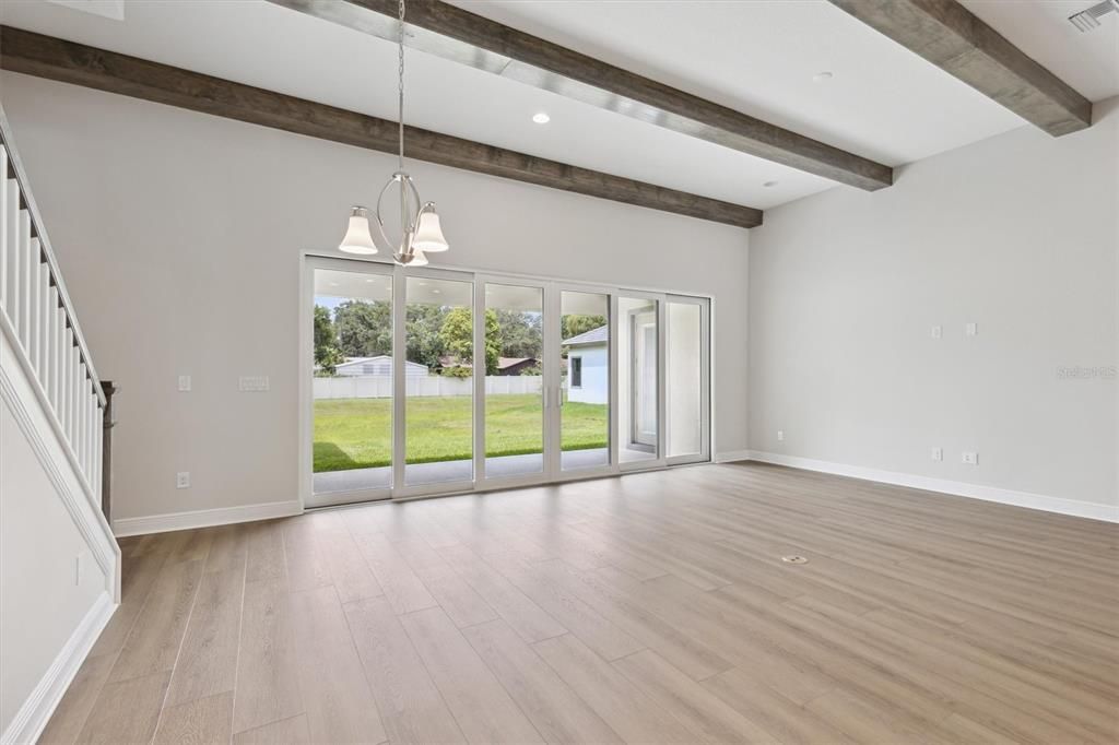 Chandelier, Empty room, Interior, Pendant Lights, Recessed Lighting, Wooden Beams, Wood Texture Flooring