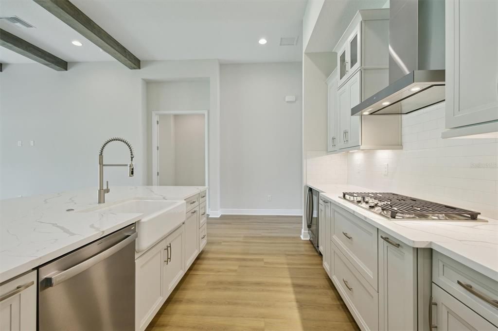 Interior, Kitchen, Recessed Lighting, Stainless Steel Appliances, Wooden Beams, Wood Texture Flooring