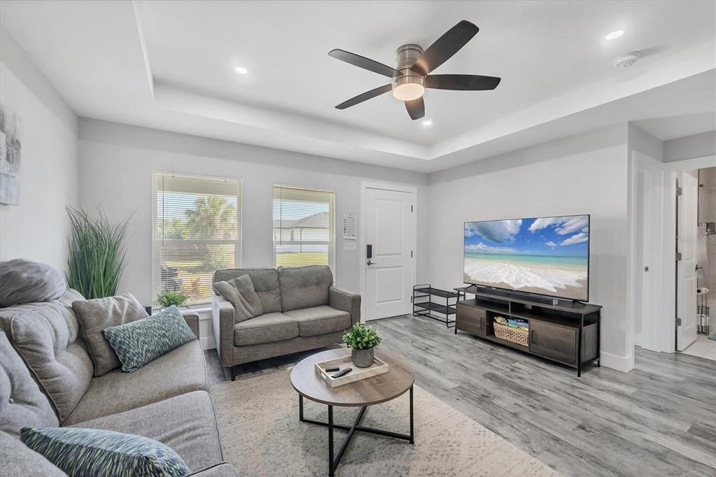 Interior, Living room, Recessed Lighting, Wood Texture Flooring
