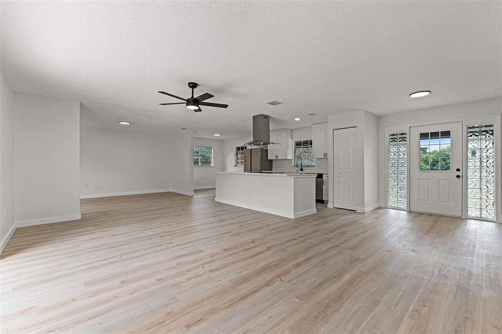 Empty room, Interior, Kitchen, Recessed Lighting, Wood Texture Flooring