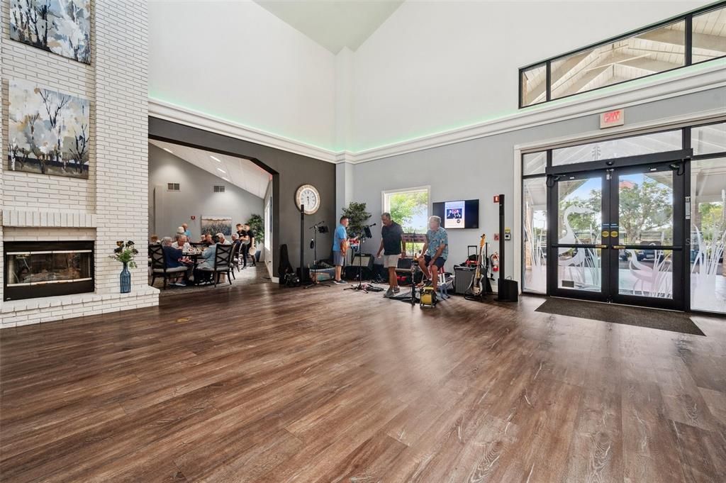 Dining room, Fireplace, Fitness Equipment, Interior, Stone Walls, Wood Texture Flooring