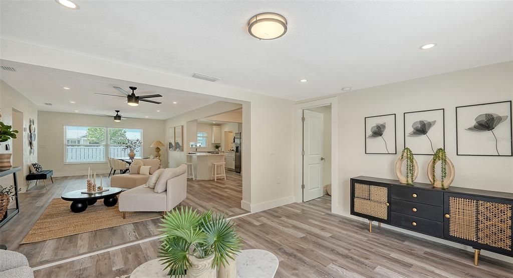 Interior, Living room, Recessed Lighting, Wood Texture Flooring