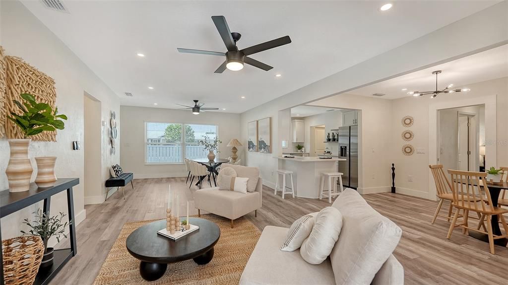Dining room, Interior, Kitchen, Living room, Pendant Lights, Recessed Lighting, Wood Texture Flooring