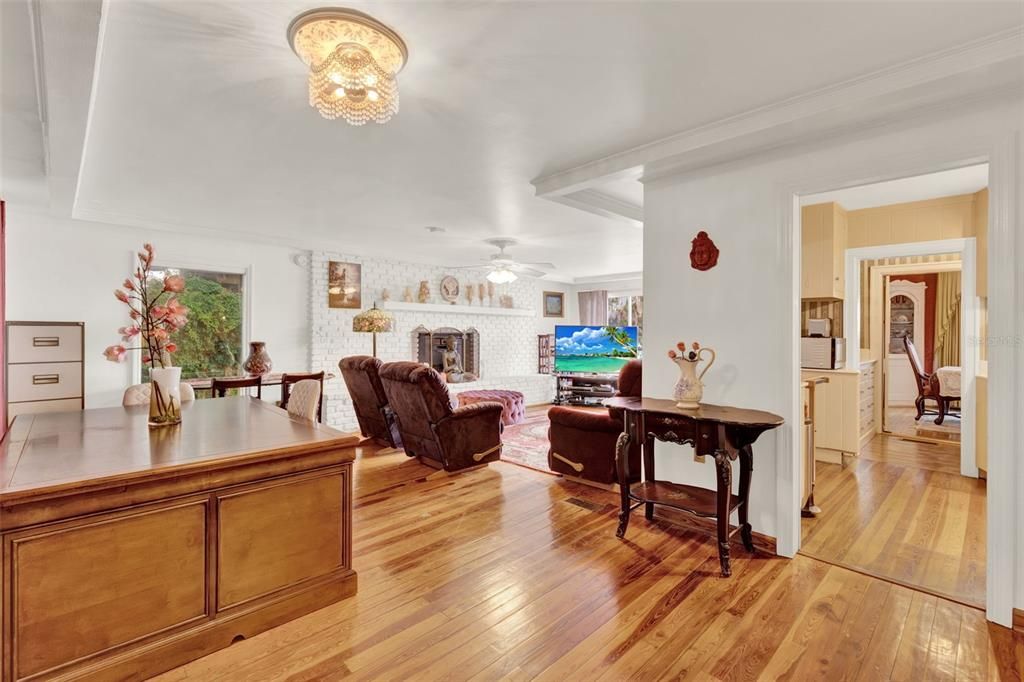 Dining room, Fireplace, Interior, Living room, Wood Texture Flooring