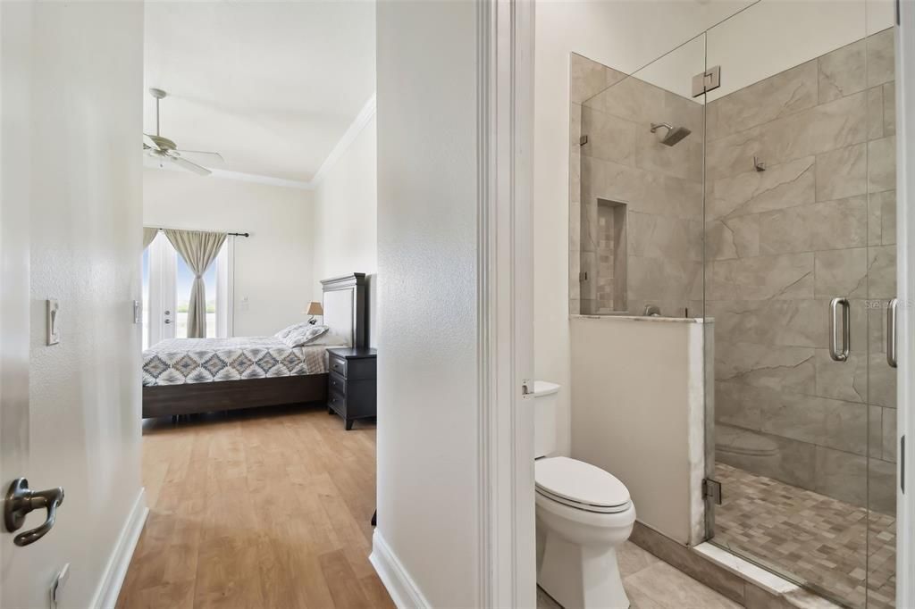 Bathroom, Bedroom, Glass Shower, Interior, Marble Walls, Wood Texture Flooring