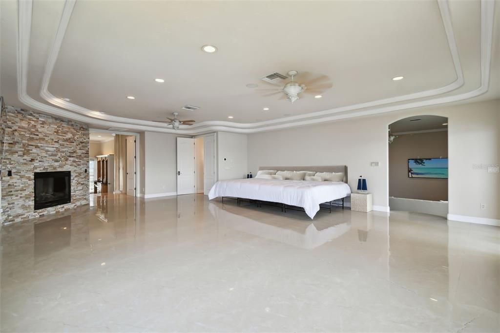 Bedroom, Fireplace, Interior, Recessed Lighting, Stone Walls