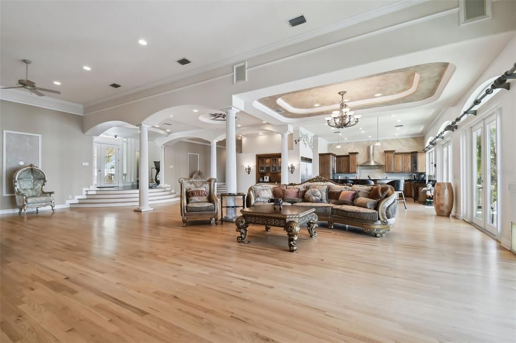 Chandelier, Interior, Kitchen, Living room, Recessed Lighting, Wood Texture Flooring