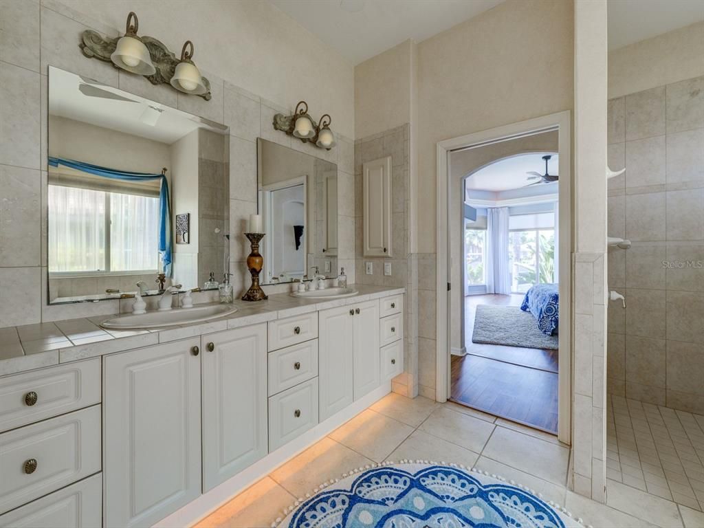 Bathroom, Dual Sink Vanities, Glass Shower, Interior, Tile Countertops