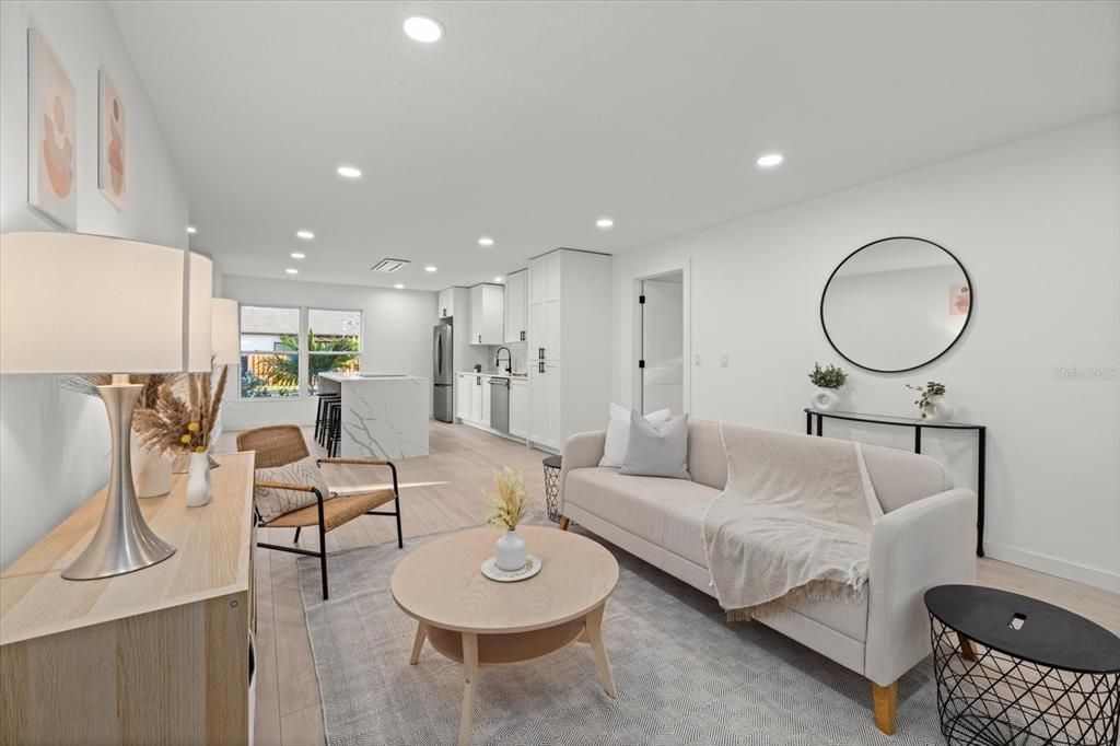 Interior, Kitchen, Living room, Recessed Lighting, Stainless Steel Appliances, Wood Texture Flooring