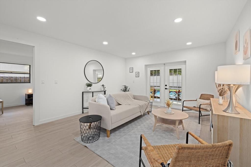 Interior, Living room, Recessed Lighting, Wood Texture Flooring