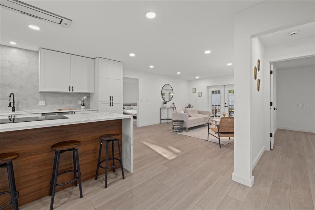 Interior, Kitchen, Living room, Recessed Lighting, Wood Texture Flooring