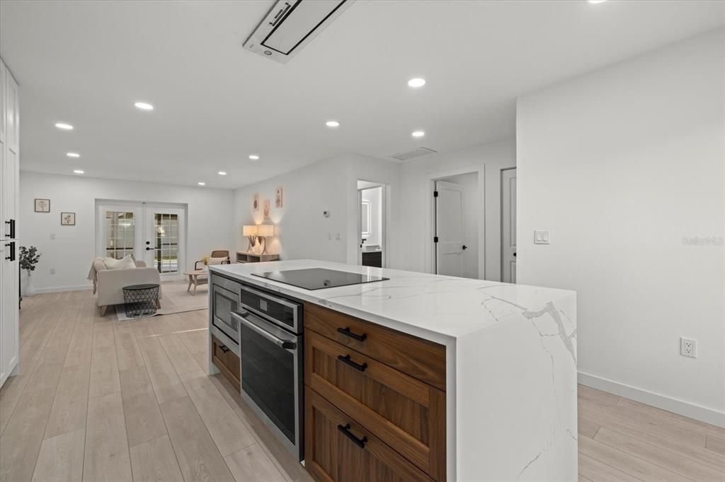 Interior, Kitchen, Living room, Recessed Lighting, Wood Texture Flooring