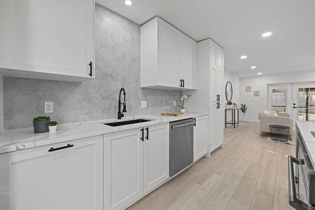 Dining room, Interior, Kitchen, Recessed Lighting, Stainless Steel Appliances, Wood Texture Flooring