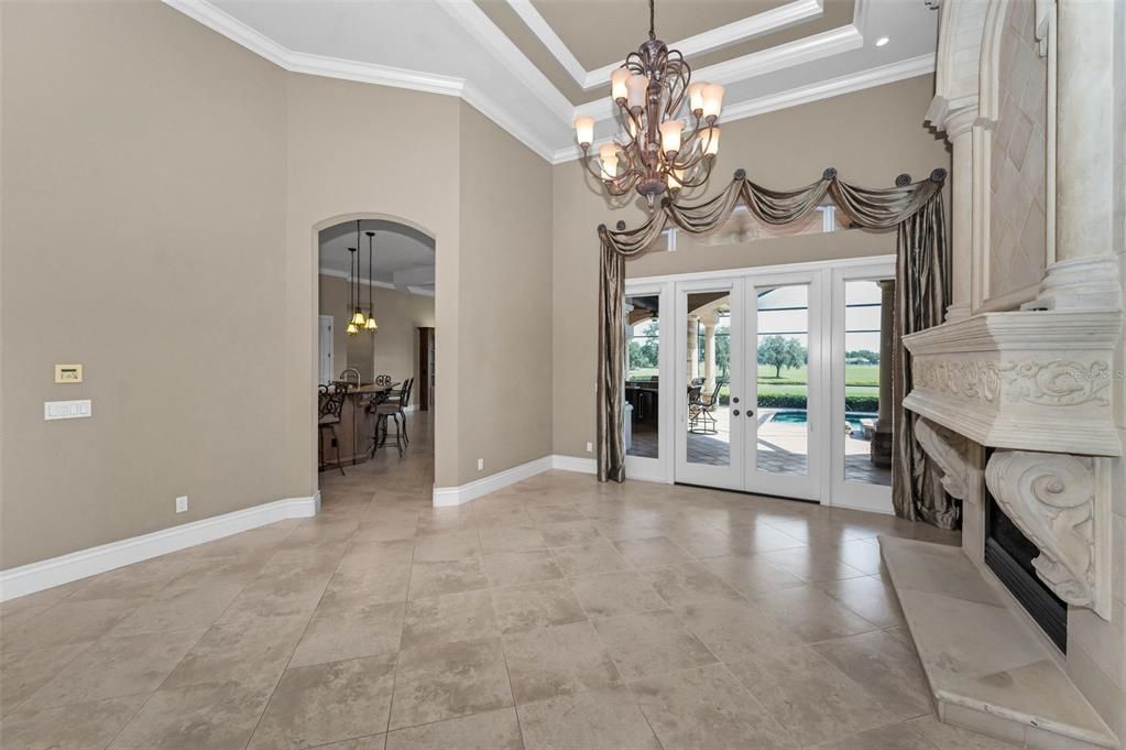Chandelier, Dining room, Fireplace, Interior