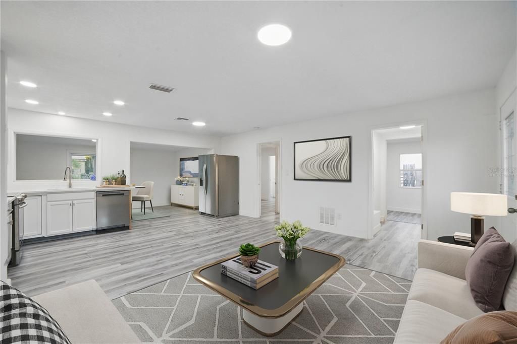 Interior, Kitchen, Living room, Recessed Lighting, Stainless Steel Appliances, Wood Texture Flooring