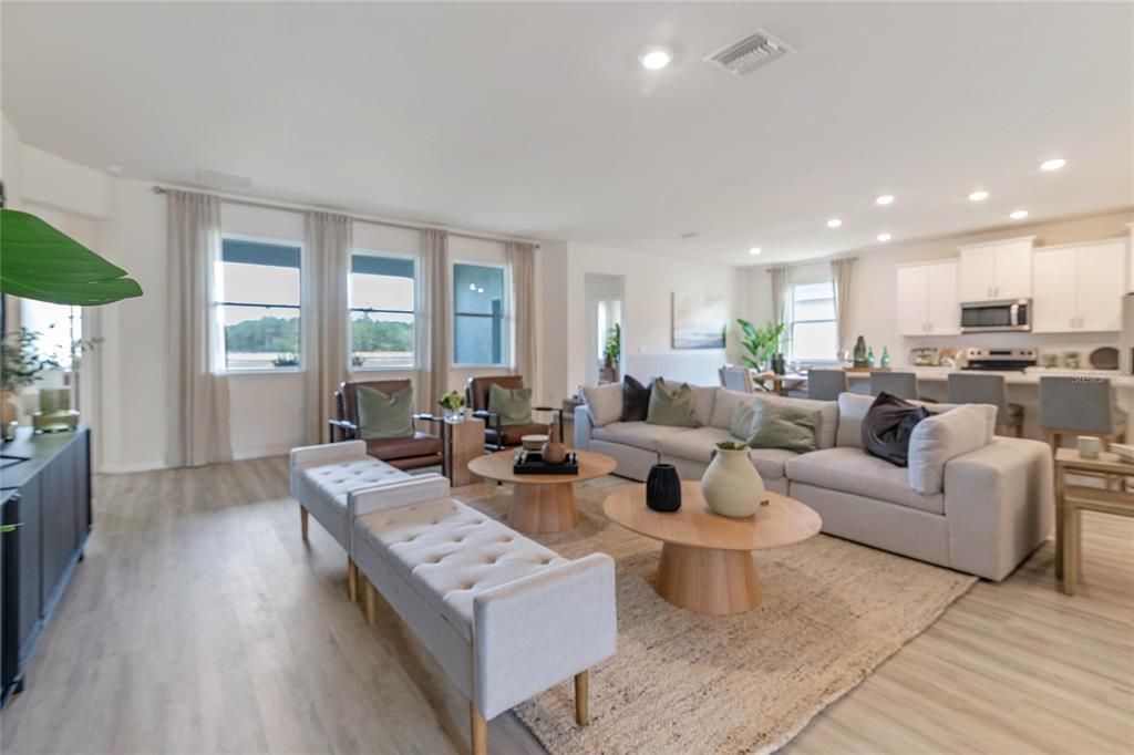 Dining room, Interior, Kitchen, Living room, Recessed Lighting, Stainless Steel Appliances, Wood Texture Flooring