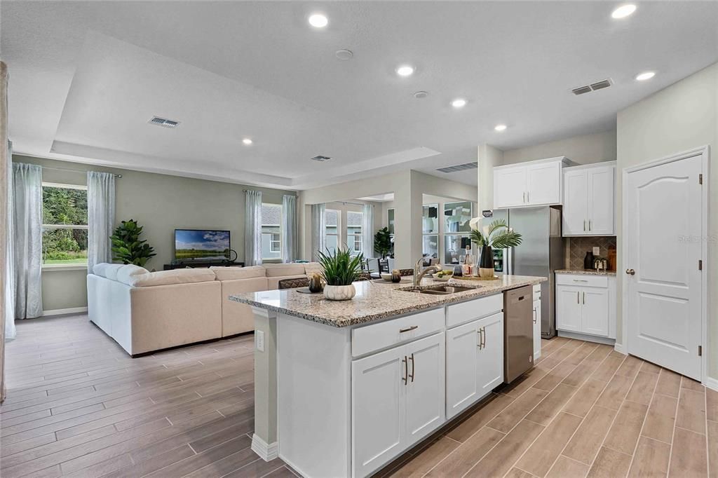 Interior, Kitchen, Living room, Recessed Lighting, Stainless Steel Appliances, Wood Texture Flooring