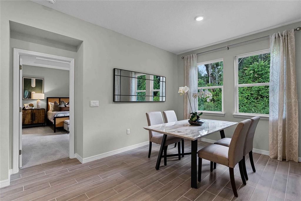 Bedroom, Dining room, Interior, Recessed Lighting, Wood Texture Flooring