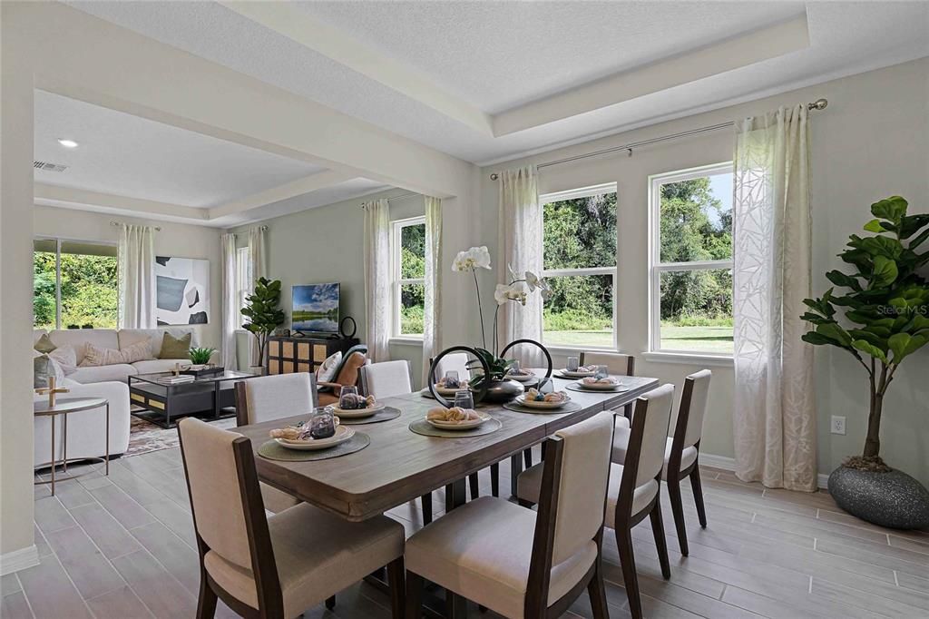 Dining room, Interior, Living room, Recessed Lighting, Wood Texture Flooring