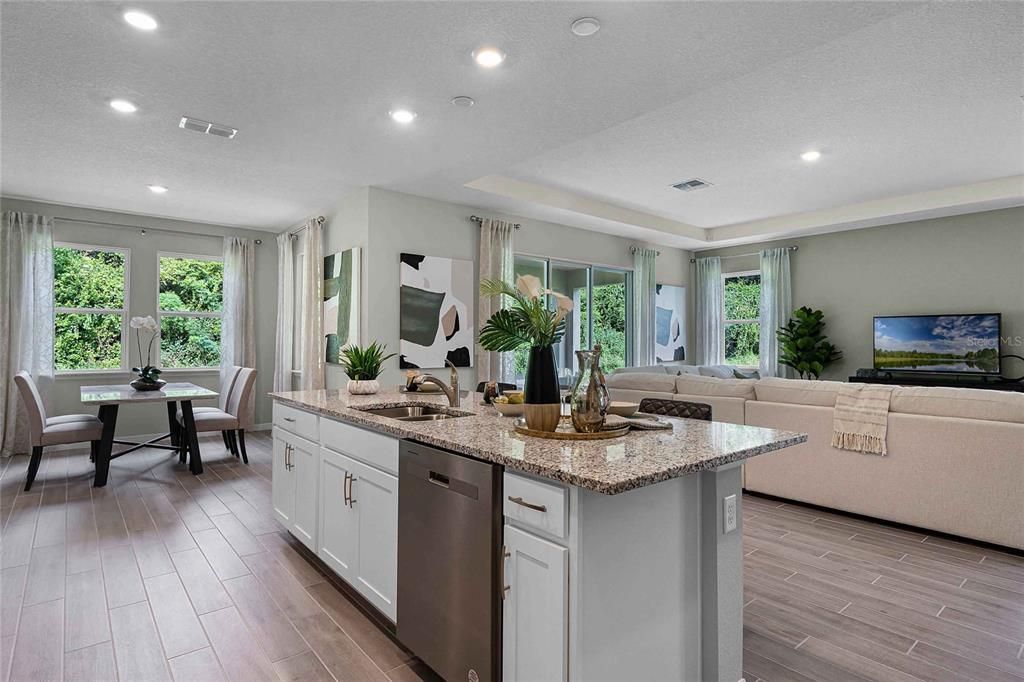 Dining room, Interior, Kitchen, Living room, Recessed Lighting, Wood Texture Flooring