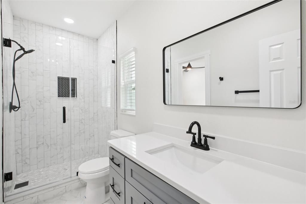 Bathroom, Glass Shower, Interior, Marble, Recessed Lighting