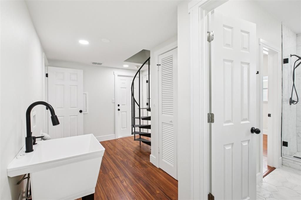 Bathroom, Free Standing Baths, Glass Shower, Interior, Marble, Recessed Lighting, Wood Texture Flooring