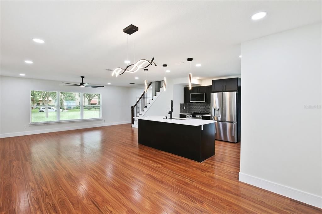 Interior, Kitchen, Pendant Lights, Recessed Lighting, Stainless Steel Appliances, Wood Texture Flooring