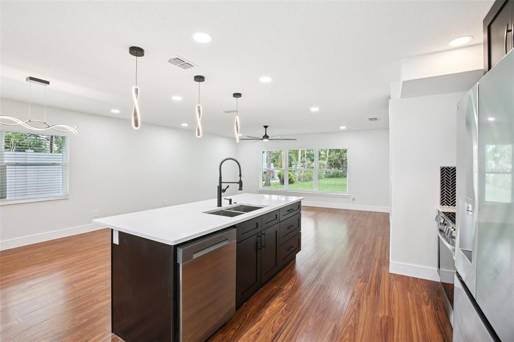 Interior, Kitchen, Pendant Lights, Recessed Lighting, Wood Texture Flooring