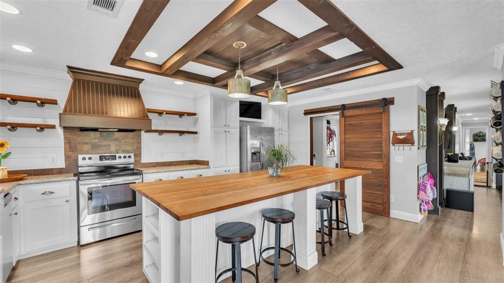Interior, Kitchen, Pendant Lights, Recessed Lighting, Stainless Steel Appliances, Wooden Beams, Wooden Ceilings, Wood Texture Flooring