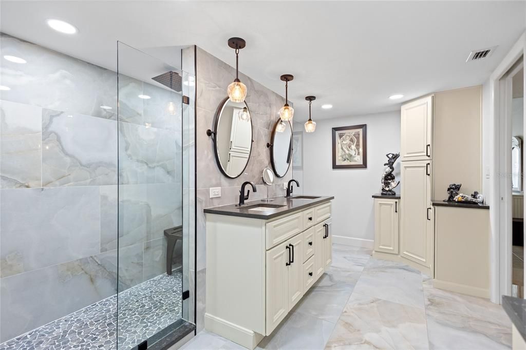 Bathroom, Glass Shower, Interior, Marble, Pendant Lights, Recessed Lighting