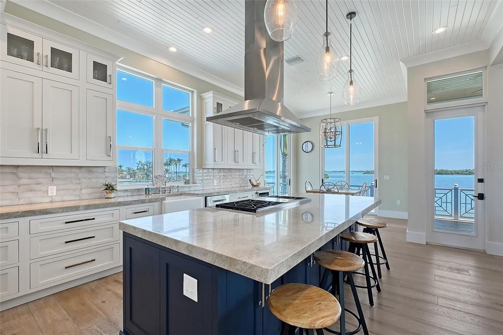 Interior, Kitchen, Pendant Lights, Recessed Lighting, Stainless Steel Appliances, Water, Wood Texture Flooring