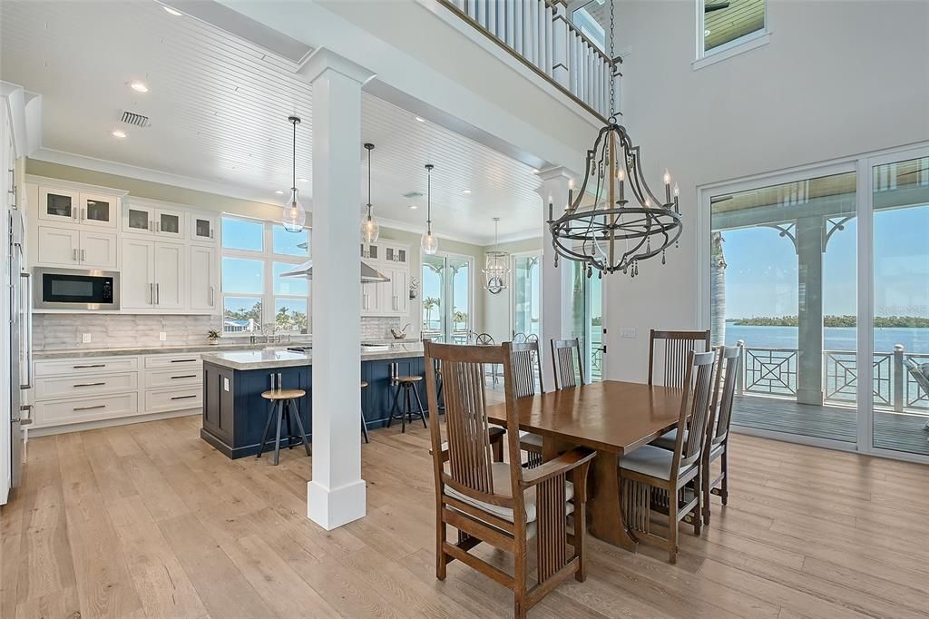 Dining room, Interior, Kitchen, Pendant Lights, Recessed Lighting, Water, Wood Texture Flooring