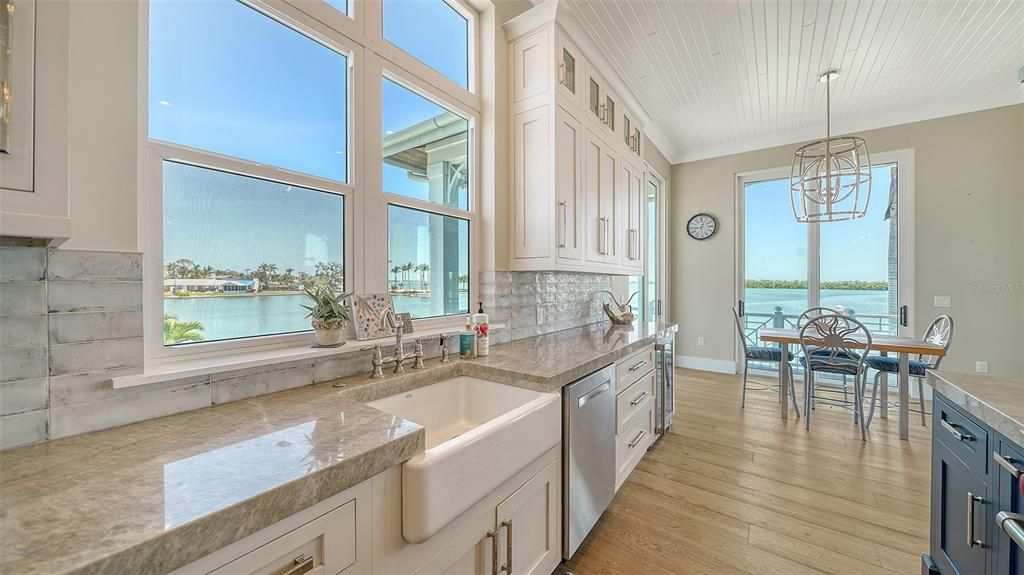 Dining room, Interior, Kitchen, Pendant Lights, Water, Wood Texture Flooring