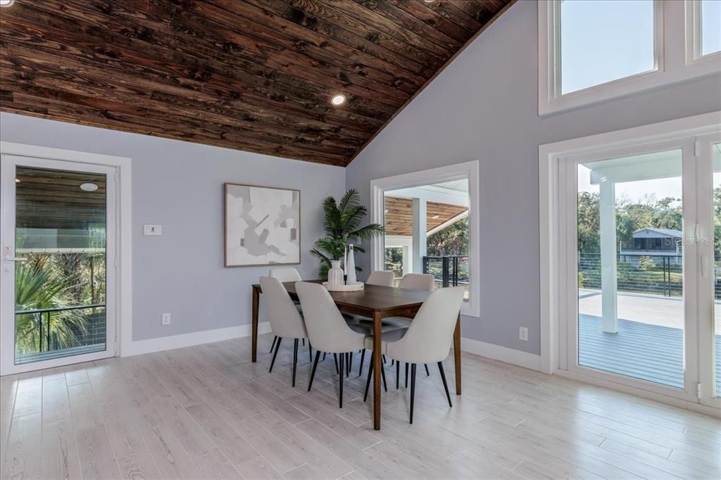 Dining room, Interior, Recessed Lighting, Wooden Ceilings, Wood Texture Flooring
