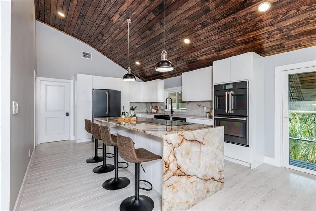 Interior, Kitchen, Pendant Lights, Recessed Lighting, Stainless Steel Appliances, Wooden Ceilings, Wood Texture Flooring