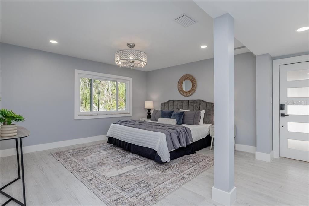 Bedroom, Chandelier, Interior, Recessed Lighting, Wood Texture Flooring