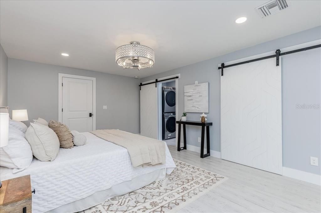 Bedroom, Chandelier, Interior, Recessed Lighting, Wood Texture Flooring