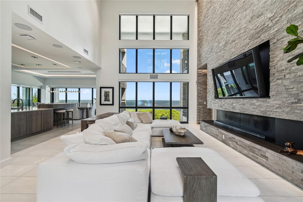 Fireplace, Interior, Living room, Pendant Lights, Recessed Lighting, Stone Walls, Water